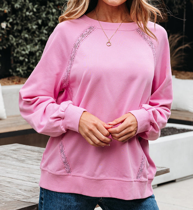 Lilah Lace Patched Raglan Sleeve Loose Fit Sweatshirt (S-XL)