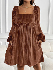 Velvet Square Neck Long Sleeve Dress (S-XL) Brown, Dark Green