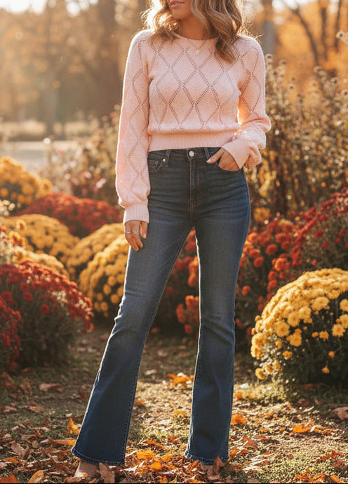 Molly Openwork Plaid Puff Sleeve Cropped Sweater (S-XL)