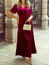 Katherine Velvet Short Sleeve Shirred Waist Tiered Dress (S-XL)