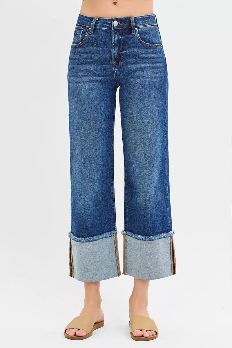 RISEN Full Size Mid Rise Crop Wide Wide Cuffed Jeans (0-3XL)
