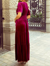 Katherine Velvet Short Sleeve Shirred Waist Tiered Dress (S-XL)