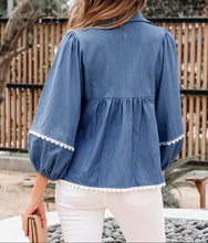 Nevaeh Lace Ric Rac 3/4 Puff Sleeve Collared Babydoll Blouse (S-XL)