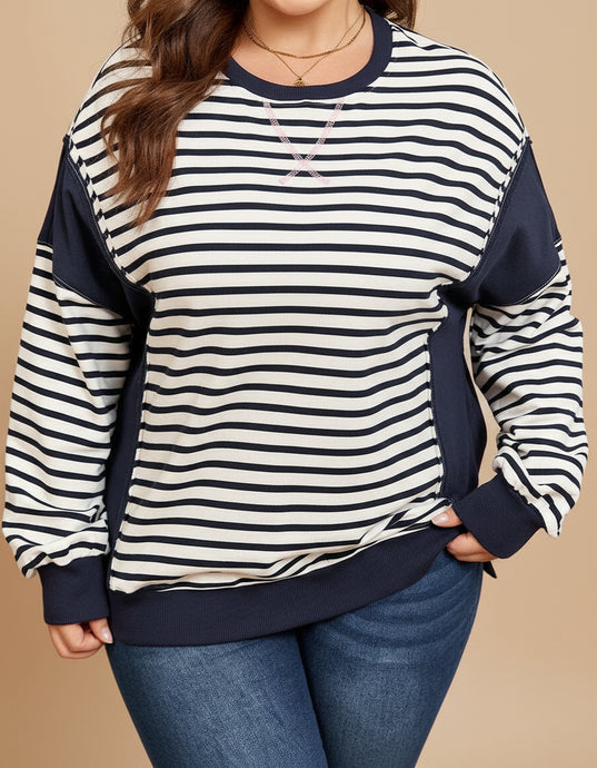 Blue Stripe Contrast Stitched Detail Color Block Plus Size Sweatshirt (1X-4X)