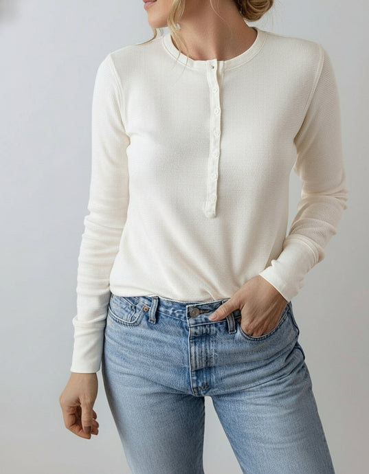 Teresa Color Waffle Half Long Sleeve Top (S-XL)