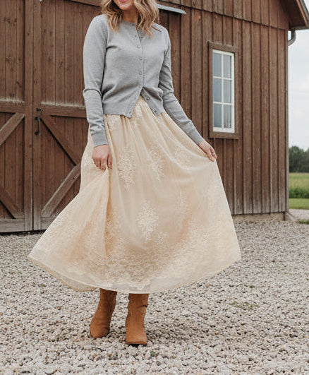 Vivienne Embroidered Mesh Overlay Long Skirt (S-XL)