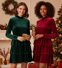 Amy Velvet High Neck Tiered Ruffle Dress (S-XL) 3 Colors