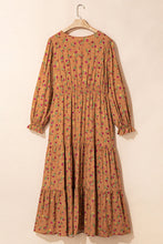 Brown Plus Size Floral Split V Neck Ruffled Sleeve Tiered Maxi Dress (1X-4X)
