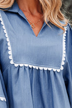 Nevaeh Lace Ric Rac 3/4 Puff Sleeve Collared Babydoll Blouse (S-XL)