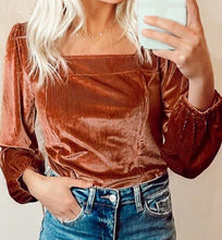 Velvet Ribbed Square Neck Puff Sleeve Top (S-XL)