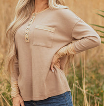 Blake Waffle Textured Tunic Henley Top with Slits (S-XL) Khaki & Green