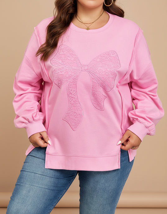 Pink Big Bow Lace Embroidered Dolman Sleeve Slit Plus Size Sweatshirt (1X-4X)