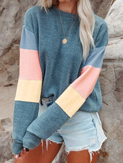 Color Block Round Neck Long Sleeve Sweatshirt (S-XL)