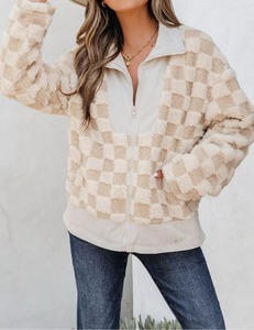 Checker Sherpa Corduroy Patchwork Zip Up Jacket (S-XL)