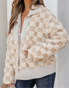 Checker Sherpa Corduroy Patchwork Zip Up Jacket (S-XL)