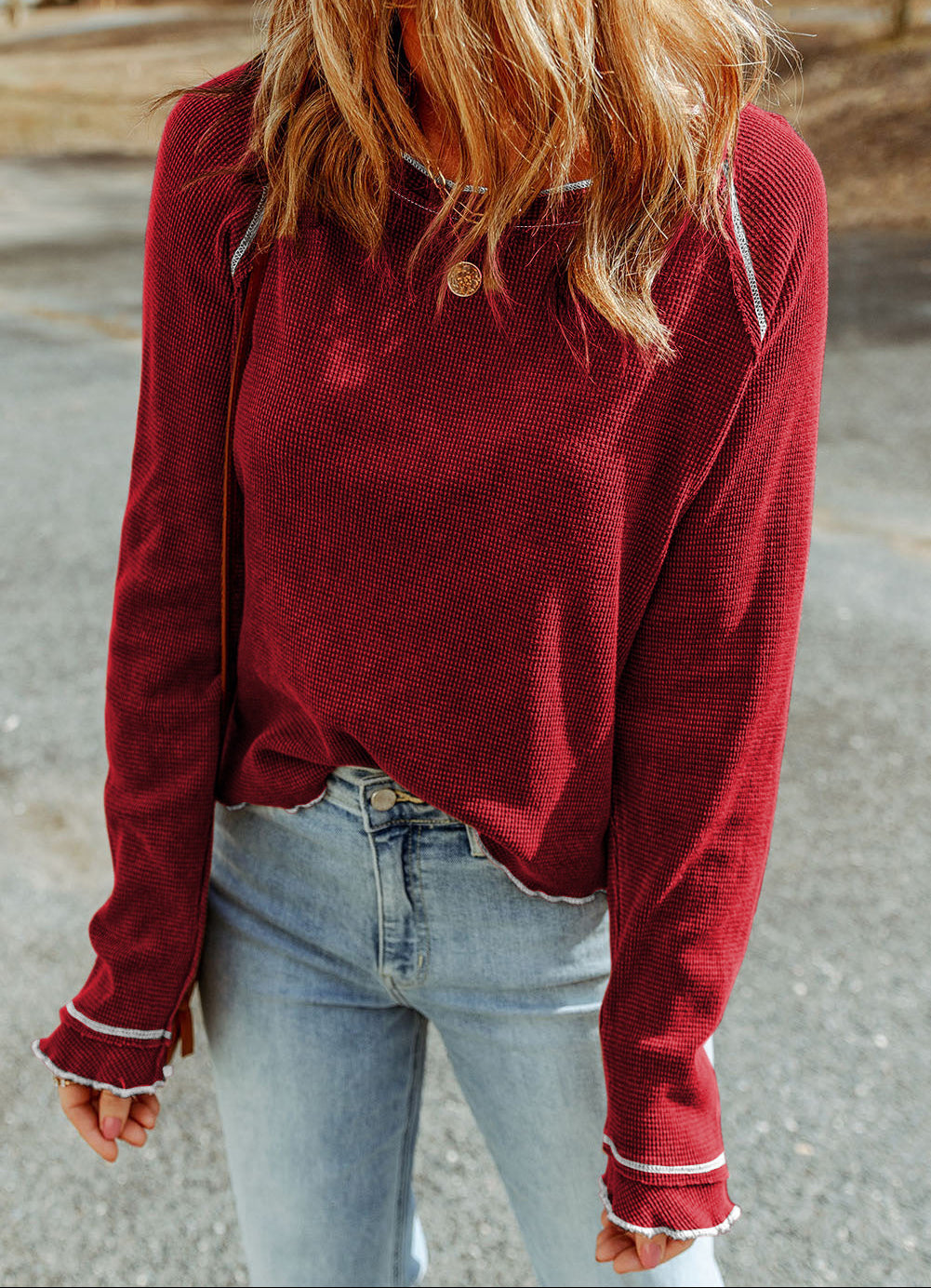 Daisy Textured Round Neck Long Sleeve Top (S-XL) 2 Colors