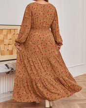 Brown Plus Size Floral Split V Neck Ruffled Sleeve Tiered Maxi Dress (1X-4X)