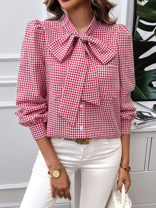 Red Gingham Puff Sleeves Knot Blouse (S-XL)