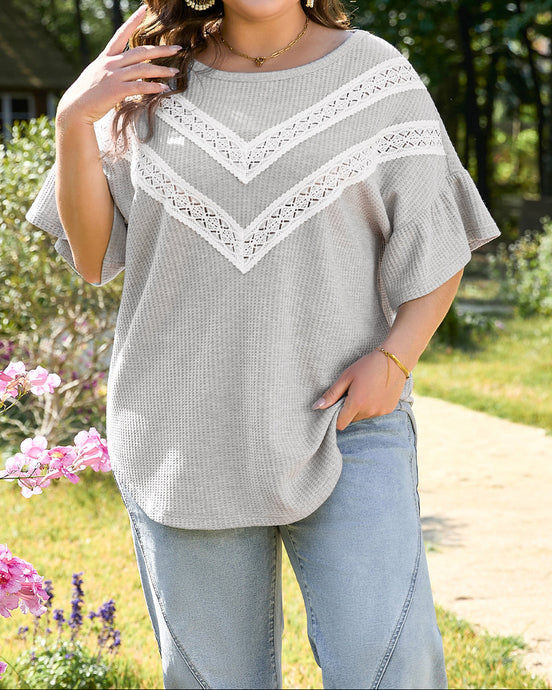 Rory Plus Size Lace Insert Waffle Ruffle Top (1X-4X)