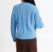 Person wearing a light blue cable knit sweater on a white background