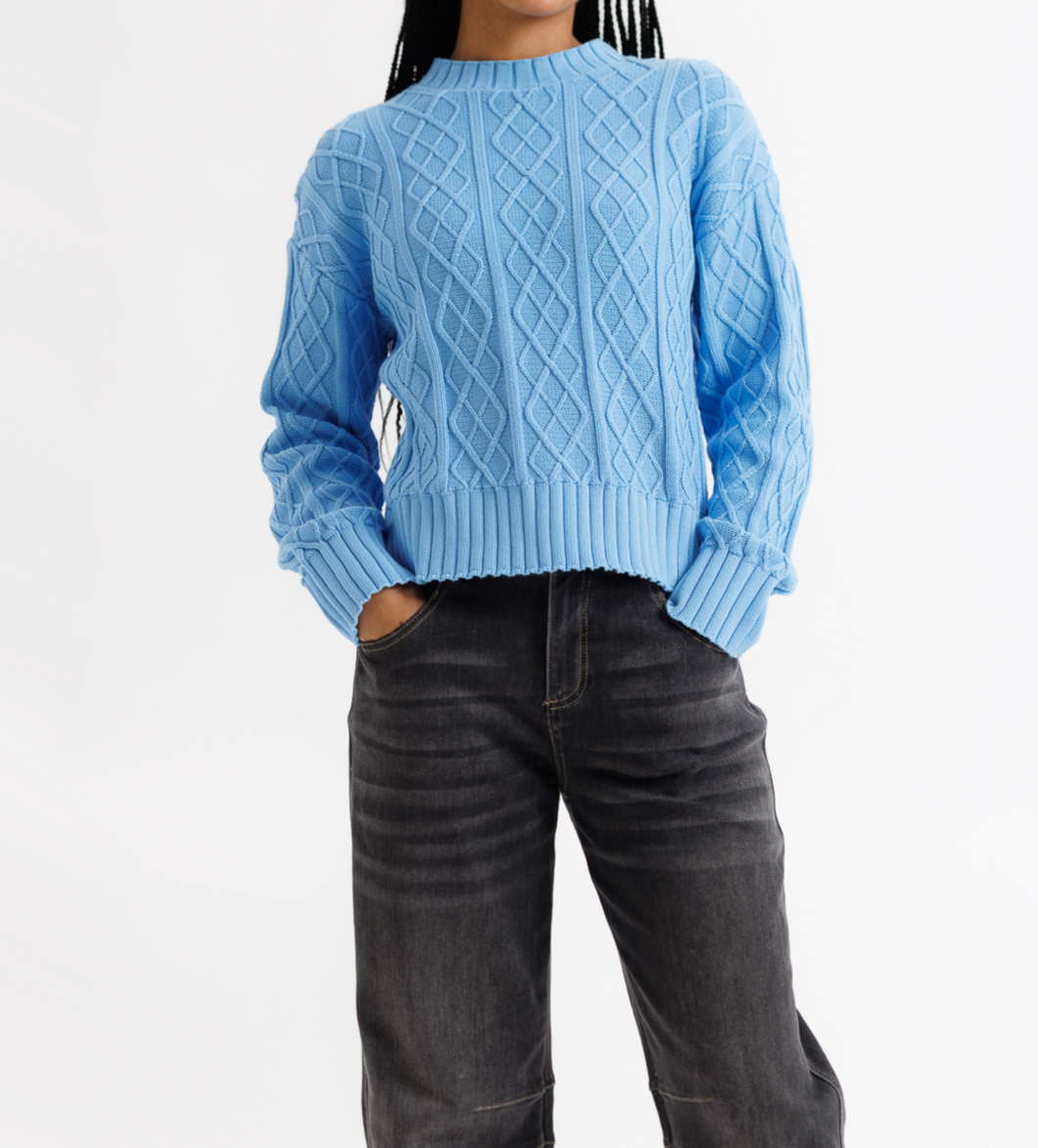 Blue Cable Knit Crew (XS-2XL)