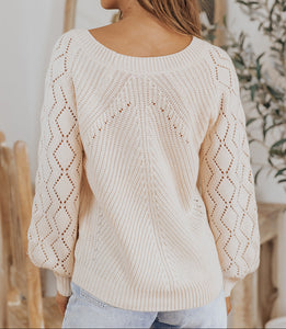 Lia Hollow-out Puffy Sleeve Knit Sweater (S-2XL) 4 Colors