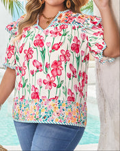 Kiara Plus Size Floral Striped Trim V Neck Blouse (1X-4X)