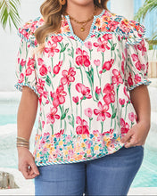 Kiara Plus Size Floral Striped Trim V Neck Blouse (1X-4X)