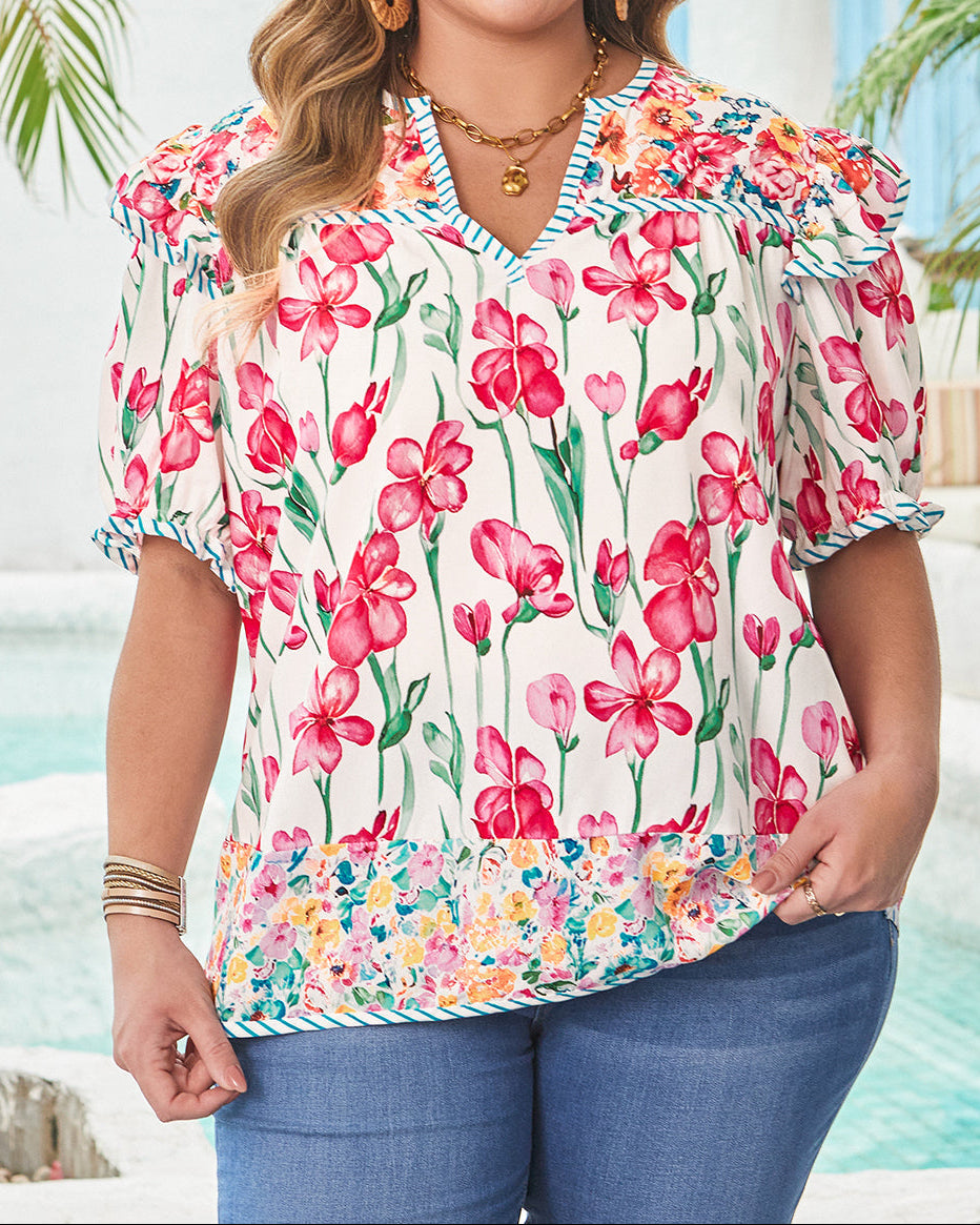 Kiara Plus Size Floral Striped Trim V Neck Blouse (1X-4X)