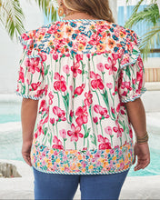 Kiara Plus Size Floral Striped Trim V Neck Blouse (1X-4X)