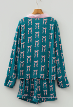 Silky Green Ribbon Bow Long Sleeve Shirt and Shorts Pajama Set (S-XL)