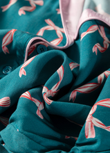 Silky Green Ribbon Bow Long Sleeve Shirt and Shorts Pajama Set (S-XL)