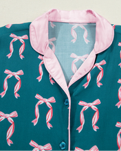 Silky Green Ribbon Bow Long Sleeve Shirt and Shorts Pajama Set (S-XL)