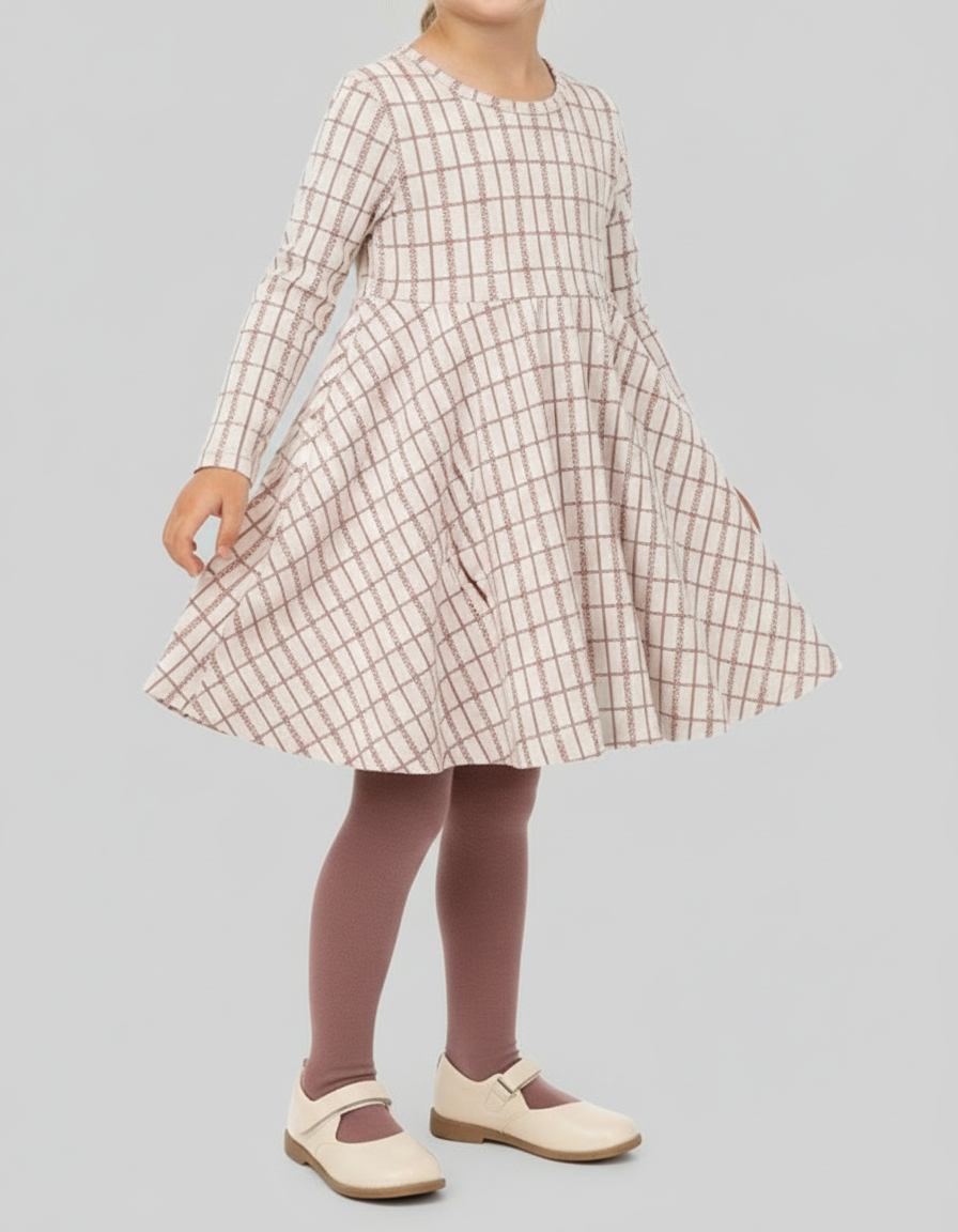 The Printed Long Sleeve Dress - Mauve Check (24M-10)
