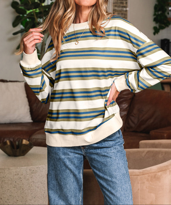 Rose Stripe Crew Neck Pullover Sweatshirt (S-XL)