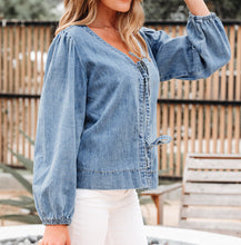 Oakley Tied Front Long Puff Sleeve Denim Top (S-XL)