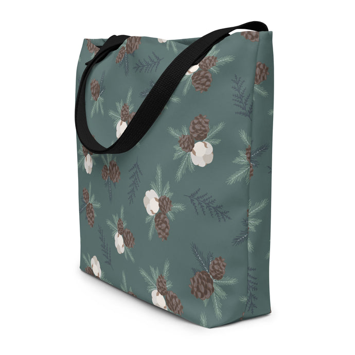 Winter Pinecone Plaid Large Tote Bag