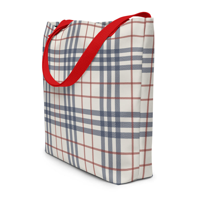 Cream, Red & Navy Plaid Large Tote Bag