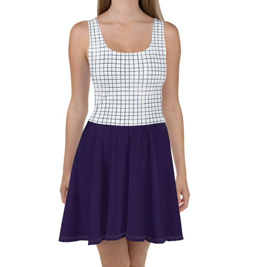 Navy Blue Checkered Sleeveless Skater Dress (XS-3XL)