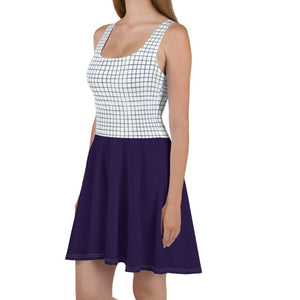 Navy Blue Checkered Sleeveless Skater Dress (XS-3XL)