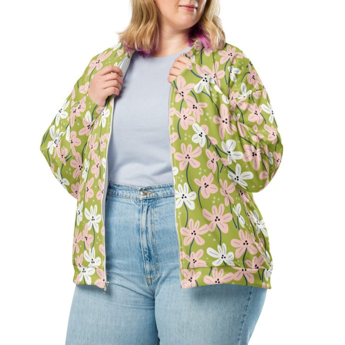 Lime Green & Pink Flowers Bomber Jacket (XS-3XL)