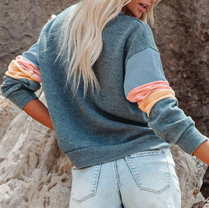 Color Block Round Neck Long Sleeve Sweatshirt (S-XL)