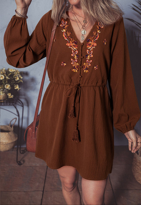 Liliana Floral Embroidered Tassel Tie Mini Dress (S-XL)