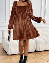 Velvet Square Neck Long Sleeve Dress (S-XL) Brown, Dark Green