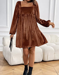 Velvet Square Neck Long Sleeve Dress (S-XL) Brown, Dark Green