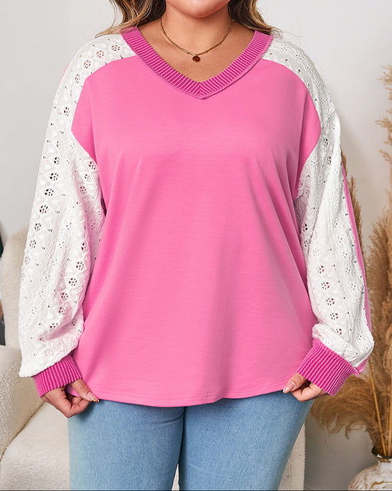 Bonbon Lace Striped Patchwork V Neck Plus Size Top (1X-4X)