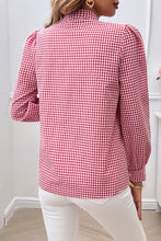 Red Gingham Puff Sleeves Knot Blouse (S-XL)