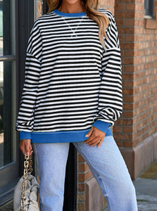 Elliana Stripe Crossed Stitch Drop Shoulder Sweatshirt (S-2XL) 5 Colors