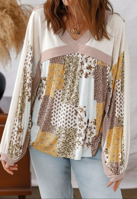 Floral Patchwork Long Sleeve Blouse (S-XL)