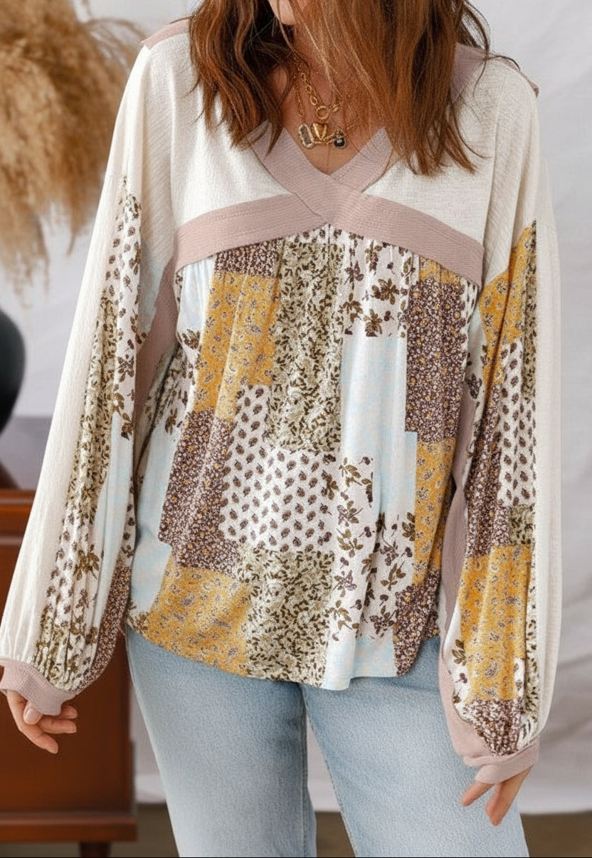 Floral Patchwork Long Sleeve Blouse (S-XL)